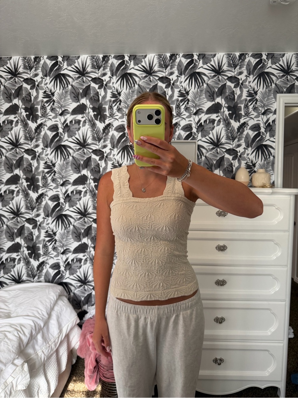 Textured Cream Square-Neck Tank Top